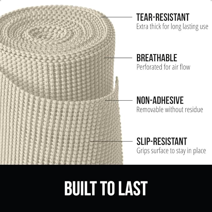 GORILLA GRIP powerGRIP Drawer Shelf and Cabinet Liner, Thick Strong Hold, Non-Adhesive Liners Protect Kitchen Cabinets and Cupboard, Bathroom Drawers, Easy Install, Breathable Mat, 17.5" x10', Cream