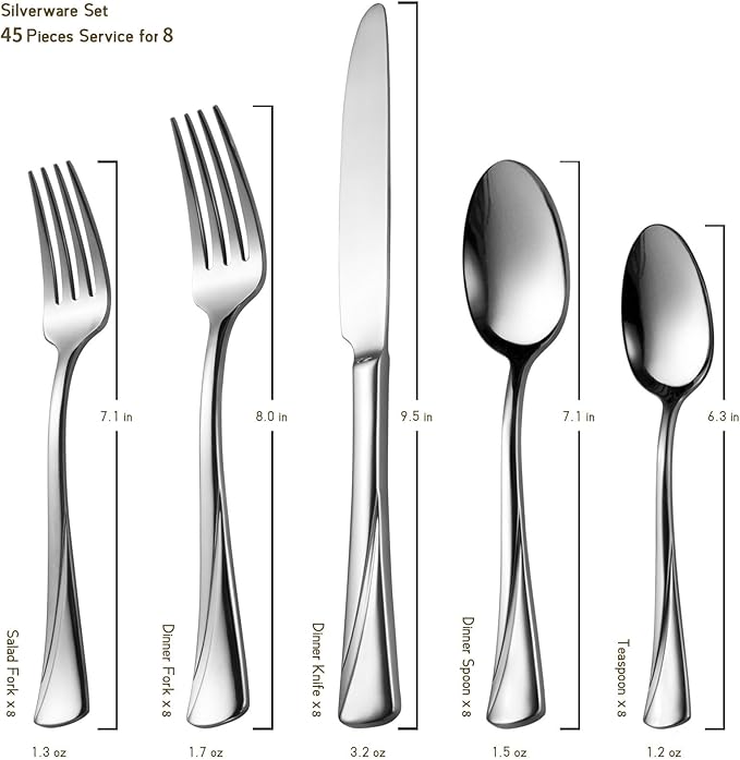 Alata Alice 45-Piece Silverware Set Stainless Steel Flatware Set,Service for 8,Mirror Polished Cutlery Set,Dishwasher Safe