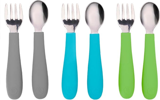WeeSprout Toddler Utensils, 3 Forks & 3 Spoons, 18/8 Stainless Steel & Food Grade Silicone, Thick Easy-Grip Handles, Perfect Length For New Self Feeders, Gentle On Gums & Teeth, Dishwasher Safe