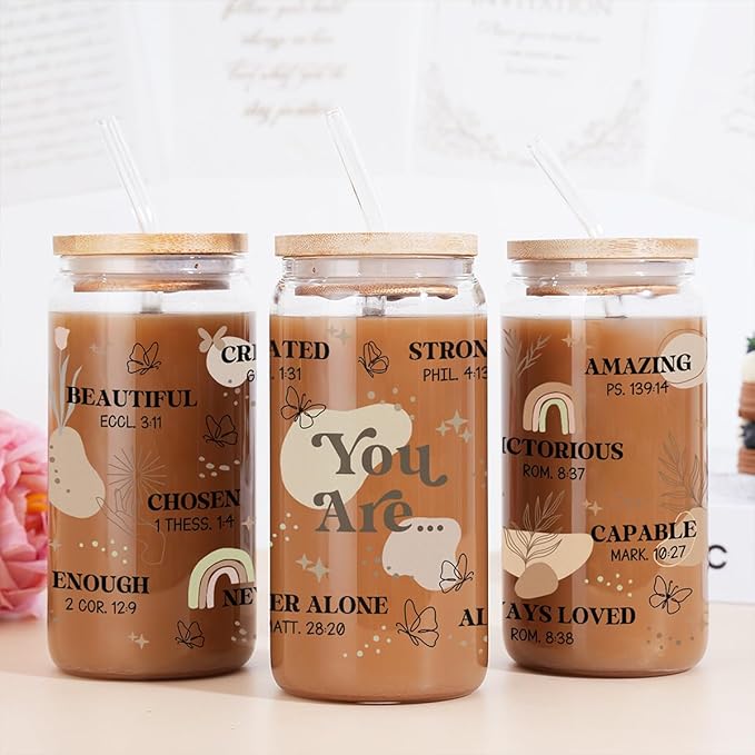 Christian Gifts for Women - Inspirational 16 Oz Can Glass Coffee Cup with Bamboo Lid & Straw- Religious, Motivational Catholic Gifts for Womens Ladies on Birthday