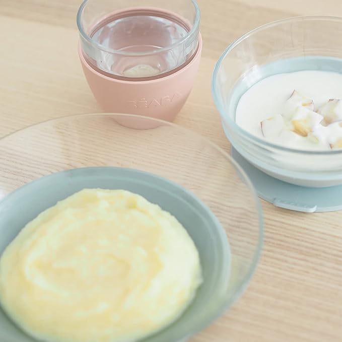 BEABA 3-Piece Glass Meal Set with Suction Pads, Toddler Plate and Baby Bowls with Suction, Non Slip Kids Dinnerware Set, 2.5x Stronger than Regular Glass, Eucalyptus