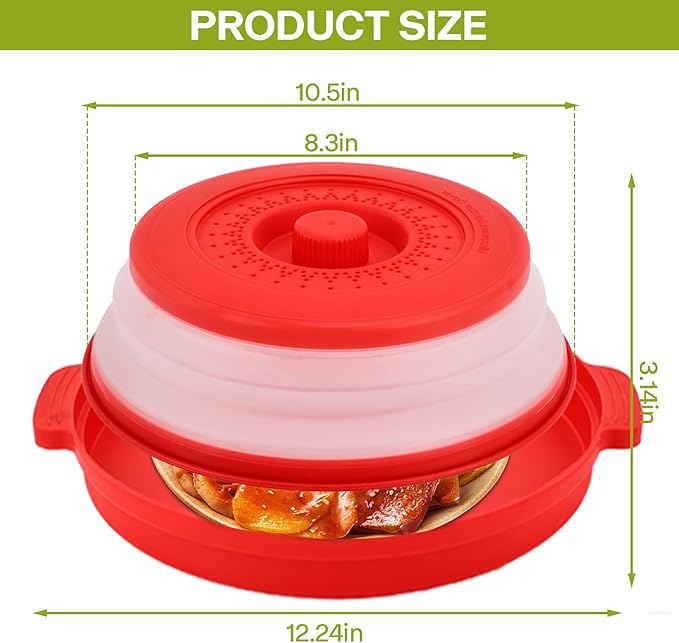 Microwave Splatter Cover for Food with Anti-scald Base Plate,Large Plastic & Silicone Vented Avoid Scalding Collapsible Guard Lid, Plate Holder & Kitchen Colander for Meal Prep-10.7 Inch (2 Pcs BRed)