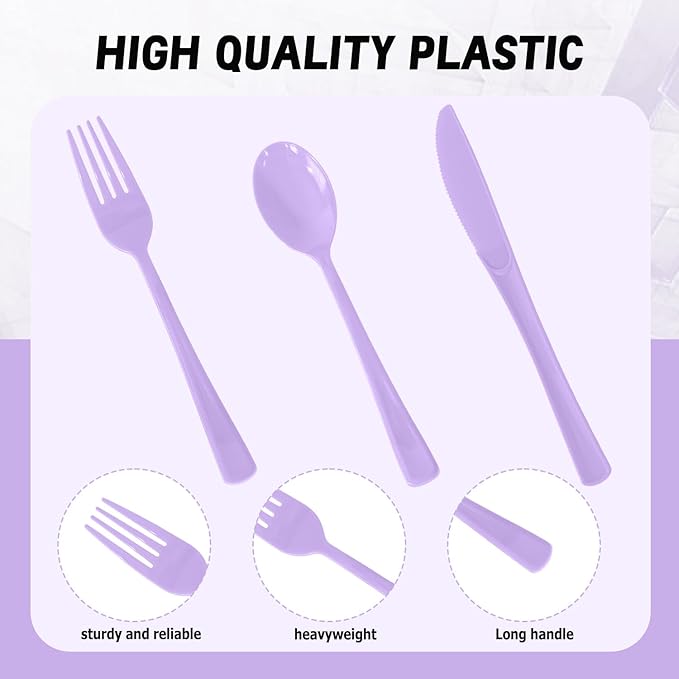 150 Pack Disposable Plastic Silverware, Heavy Duty Lavender Plastic Cutlery Set Includes 50 Forks 50 Knives 50 Spoons for Birthday Wedding Party Picnics (150, Lavender)
