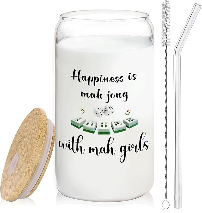 Mahjong Player Gifts Glass Cup with Lids and Straws 14oz, Mah Jong Gifts for Women, Mahjong Tiles Accessories Glass Iced Coffee Tumbler Drinking Jars with Cleaning Brush