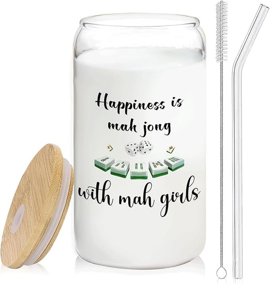 Mahjong Player Gifts Glass Cup with Lids and Straws 14oz, Mah Jong Gifts for Women, Mahjong Tiles Accessories Glass Iced Coffee Tumbler Drinking Jars with Cleaning Brush