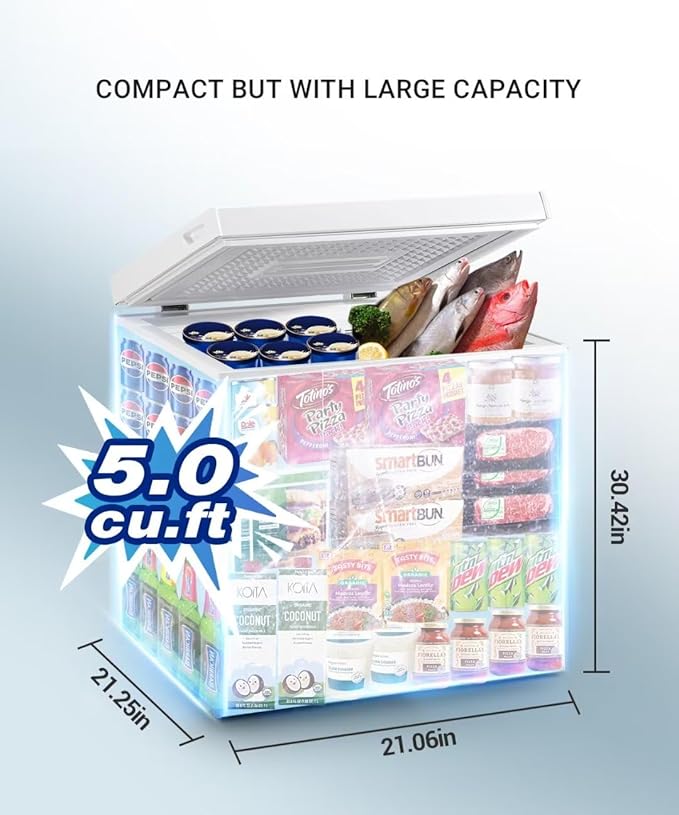 Deep Freezer, Mini Freezer with 7-Step Temperature Control, 5.0 cu.ft Small Deep Freezer, Chest Freezer with Removable Basket for Dormitories, Office, Bedroom and Small Living Spaces(White)