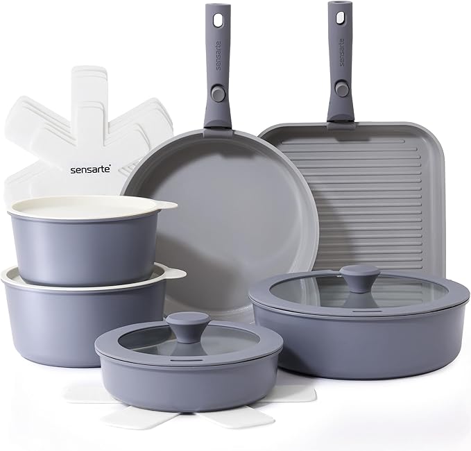 SENSARTE 17 Piece Ceramic Pots and Pans Set, Nonstick Detachable Handle Cookware, Induction Kitchen Cookware Set with Removable Handle, Dishwasher ＆ Oven Safe (Gray)