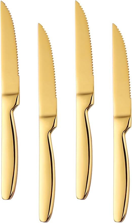 Buyer Star Steak Knife Set, 4-Piece Serrated Steak Cutlery Steak Knife, Gold Stainless Steel Steak Cutlery Knife for Home, Restaurant, Hotel, 22cm