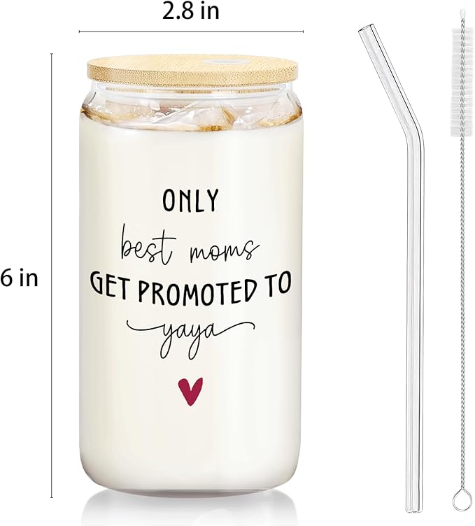 Yaya Grandma Announcement Gifts Glass Cup with Lids and Straws 14oz, Pregnancy Announcement for Grandma, Get Promoted to Yaya Glass Iced Coffee Tumbler Drinking Jars with Cleaning Brush