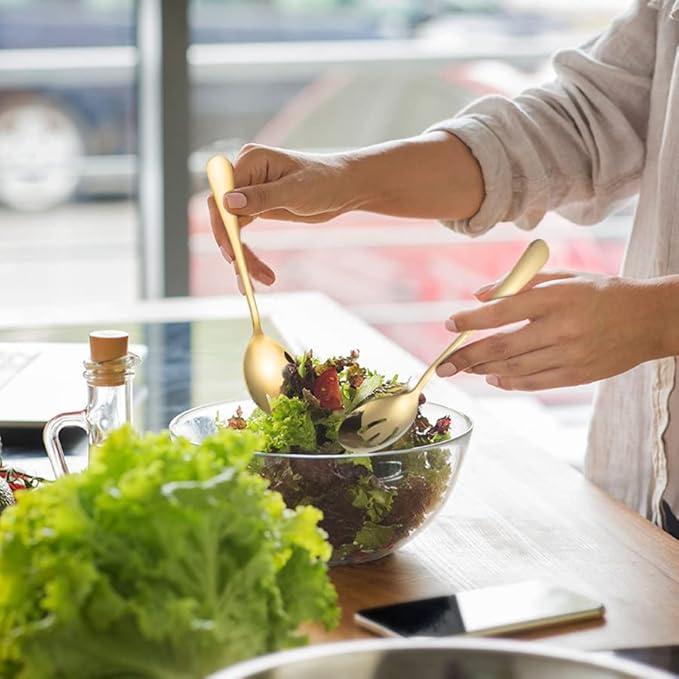 Salad Servers Stainless Steel Salad Serving Set Salad Spoon and Fork Set Kitchen Cooking Utensil Cutlery Gifts Set of 6 (Gold)