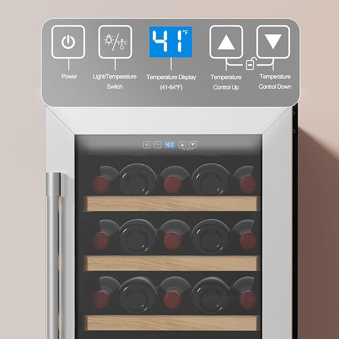 31 Bottles Wine Cooler Refrigerator, 15 Inch Wine Cooler with Single Zone, Built-in or Under Counter, 41-64°F Digital Touchscreen, Triple-Layer Glass,Wine Cellars for kitchen