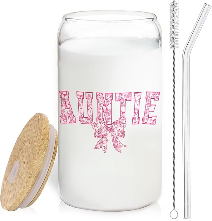 Pink Bow Auntie Glass Cup with Lids and Straws 14oz, Auntie Mother's Day Birthday Gifts from Niece Nephew Glass Iced Coffee Tumbler Drinking Jars with Cleaning Brush