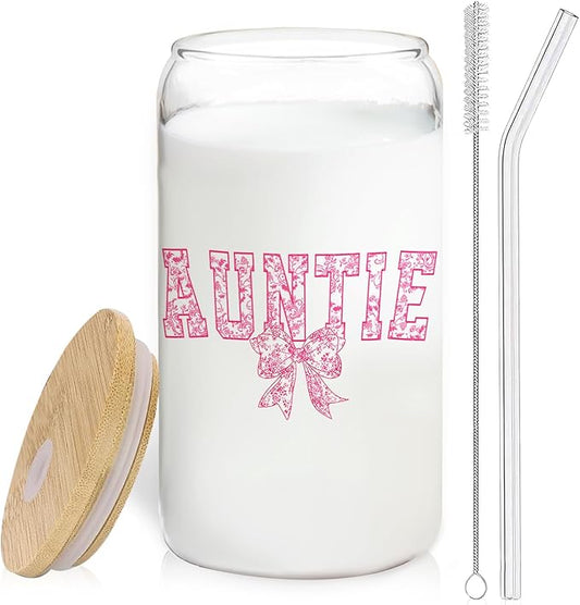 Pink Bow Auntie Glass Cup with Lids and Straws 14oz, Auntie Mother's Day Birthday Gifts from Niece Nephew Glass Iced Coffee Tumbler Drinking Jars with Cleaning Brush
