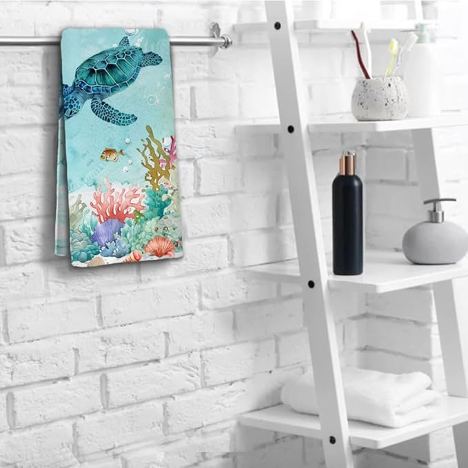 Sea Turtle Hand Towels Set of 2 - Breathable Ocean Beach Towels, Highly Absorbent Marine Life Coastal Bath Towels for Gym, Hotel, Summer Bathroom Decor - 28.7x13.7 Inch