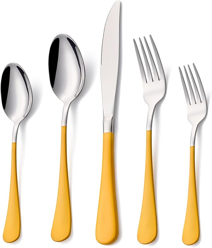 20 Piece Yellow 18/0 Flatware Utensil Set for 4, Include Dinner Knife,Dinner Forks,Dinner Spoons,Salad Forks,Teaspoons,Silverware Set for 4, Dishwasher Safe