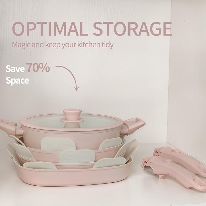 23pcs Ceramic Pots and Pans Set, Nonstick Detachable Handle Cookware, Induction Kitchen Cooking Set with Removable Handle,include Frying Pans & Saucepans Oven Safe(Pink)