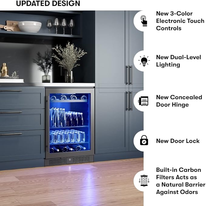 Zephyr 24" Wine Fridge & Beverage Refrigerator Single Zone Under Counter - Mini Wine Cooler Cellars Small Beer Cabinet Drink Chiller Freestanding with French Glass Door Black, 7 Bottles, 112 Cans