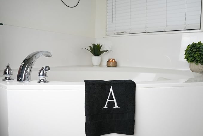 Black Monogrammed Hand Towels for Bathroom- Black and White Luxury Hotel Quality Personalized Initial Decorative Embroidered for Powder Room, Spa-GOTS Organic Certified - Pack of 2, Letter A