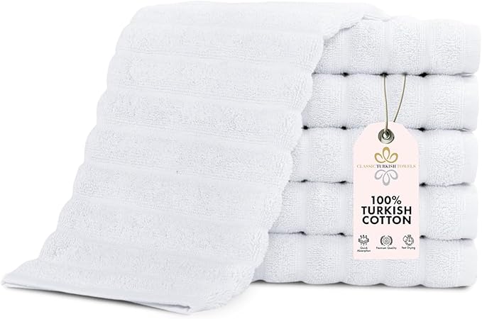 Classic Turkish Towels CTT Luxurious 100% Turkish Cotton Washcloths 6 Pack, Highly Absorbent & Quick Dry, Face Towels Wash Cloths for Hotel, Spa & Gym | 13"x13" (White)