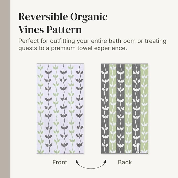Modern Threads Organic Vines 6-Piece 100% Cotton Towel Set – Yarn Dyed Jacquard & Solid – Includes 2 Bath Towels, 2 Hand Towels, 2 Washcloths – Absorbent, Quick Dry, Soft & Durable – Gray
