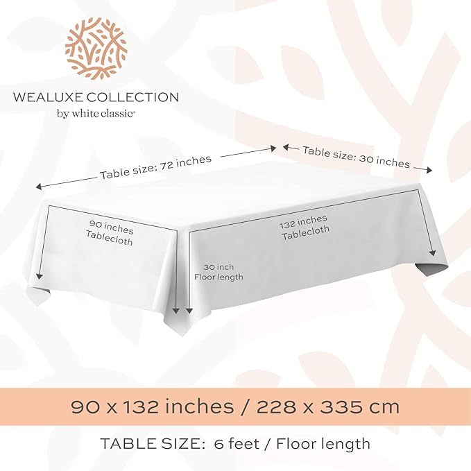 Classic White Tablecloth 90x132 - White Table Clothes for 6 Foot Rectangle Tables, 200 GSM Stain and Wrinkle Resistant Washable Fabric [2 Pack]