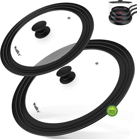 Walfos Universal Lid, Tempered Pan Lid with Heat Resistant Silicone Rim, Fits All 7" to 12" Diameter Cookware, Pots, Pans and Skillets (2Pk)