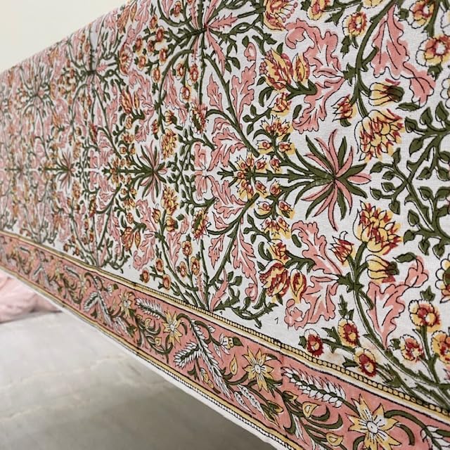 Ridhi Sassy Salmon Emerald Green Hand Block Print Cotton Rectangle Tablecloth 160" x 72" inches Reusable Table Cover Decorative Everyday Use for Dining, Farmhouse, Home, Party, Festive, Wedding, Fall