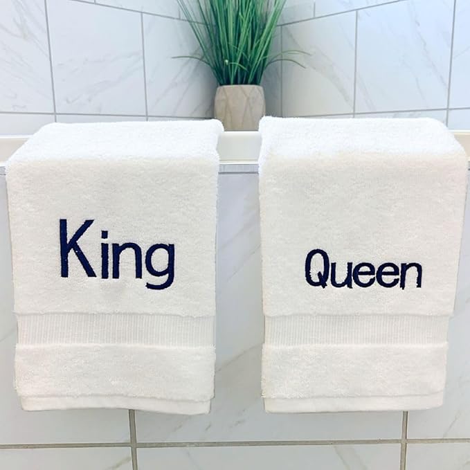 Navy Monogrammed Hand Towels for Bathroom - Luxury Hotel Quality Personalized Initial Decorative Embroidered Towel for Powder Room, Spa - GOTS Organic Certified - King and Queen