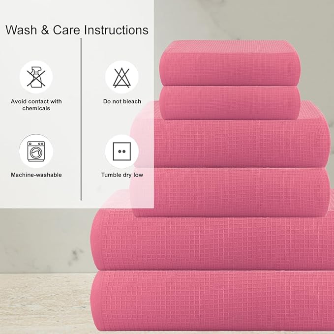 CASA COPENHAGEN Waffle Towel, 6Pieces 100% Cotton Large Towel Set- Pink, 2Bath 2Hand 2Washcloths Instant Absorb and Dry, Soft Strong Towels for Hotel Spa Kitchen Bathroom & Shower