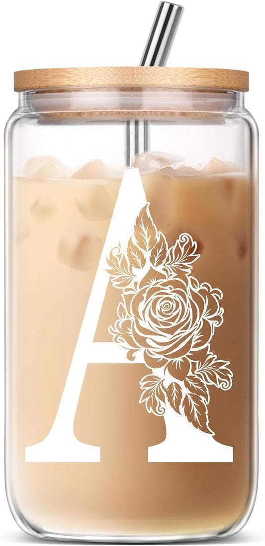 Gifts for Women, Birthday Christmas Mothers Day Thank You Gifts, Personalized Monogrammed Gifts for Sister Mom Friend Wife Gift Ideas 2024 A Coffee Iced Cute Glass Cups with Lids and Straws