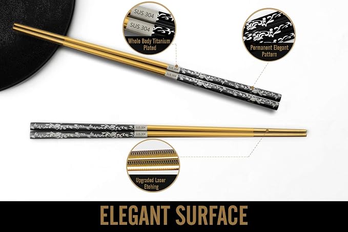 Chopsticks Reusable Titanium Plated Metal Chopsticks 304 Stainless Steel Chopstick Dishwasher safe Japanese Korean lightweight Engraved Anti-slip Chop sticks for Eating 2 Pairs Gift Set Black Gold