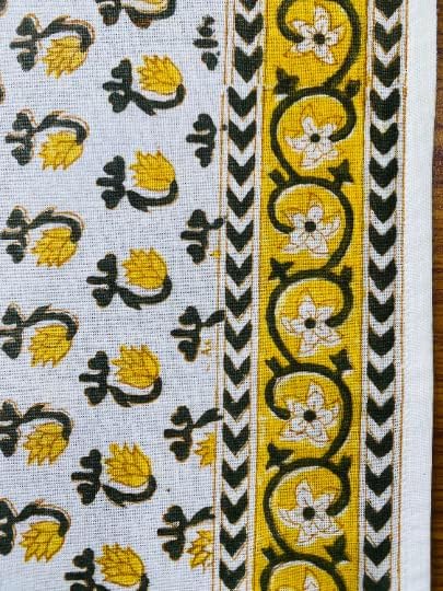 Ridhi Vintage Yellow Hand Block Print Cotton Rectangle Tablecloth 102" x 48" inches Reusable Table Cover Decorative Everyday Use for Dining Room, Farmhouse, Home, Party, Festive & Wedding, Fall