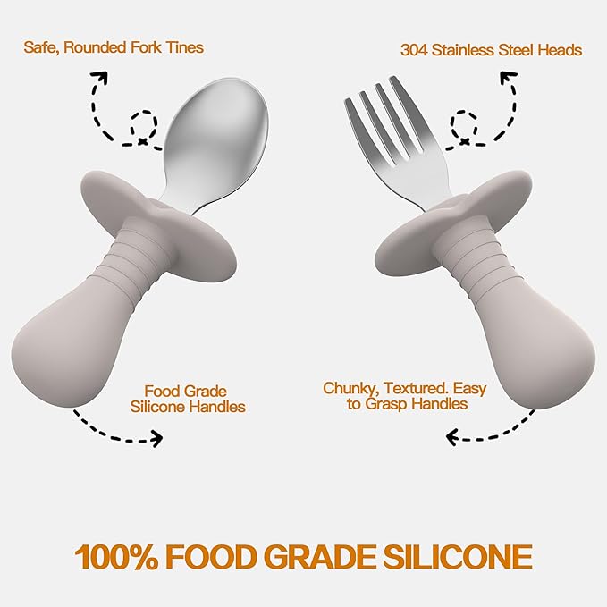 2 Pieces Toddler Utensils Forks and spoons set, Stainless Steel Childrens Silverware for Safe flatware Metal Kids Cutlery set with Round Handle, BPA Free, Anti-Choke Design (Grey)