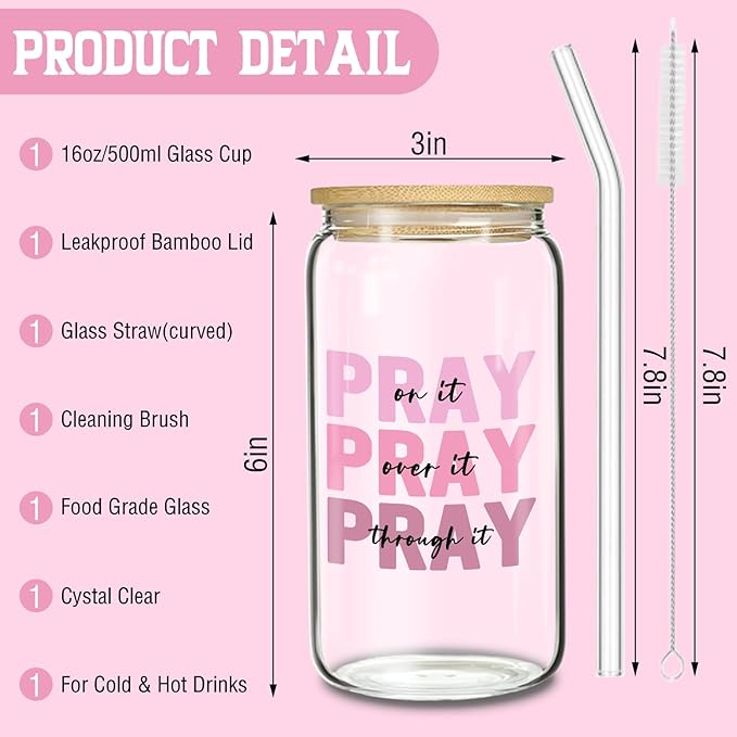 Pray on It Pink Tumbler - 16oz Iced Coffee Cup with Lid and Straw, Birthday and Valentine’s Gift for Pink Lovers, Women Friends and Coworkers