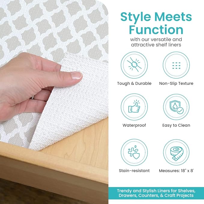 Con-Tact Brand Grip Prints Shelf Liner, Non-Adhesive Durable Liners, Slip-Resistant Drawer and Cabinet Covering, 18" x 8', Talisman Pale Gray, Pack of 1 Roll