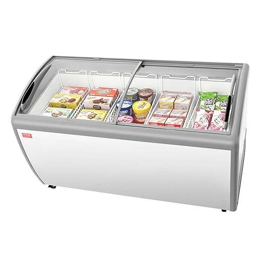 VEVOR Commercial Ice Cream Display Case, 16.3 Cu.ft Chest Freezer, -19 to 3℉ Temp Adjustable Mobile Top Deep Freezer with 5 Wire Baskets, 2 Sliding Glass Doors, Locking Casters & LED Strip Lighting
