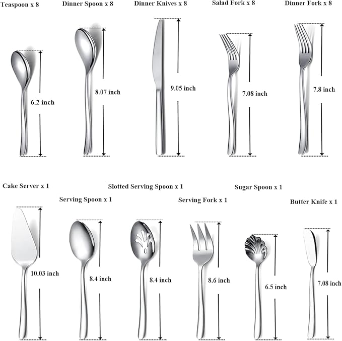 Silverware Set 46 Piece - Stainless Steel Flatware Set With Cake Server, Serving Spoons, Forks, Sugar Spoon, Butter Knife (Shiny Silver)