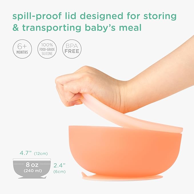 Olababy 3 Piece Parent Led and Baby Led Weaning First Feeding Set, Includes Training Spoon, Feeding Spoon and Suction Bowl with Lid