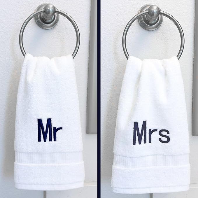 Navy Monogrammed Hand Towels for Bathroom - Luxury Hotel Quality Personalized Initial Decorative Embroidered Towel for Powder Room, Spa - GOTS Organic Certified - Mr and Mrs