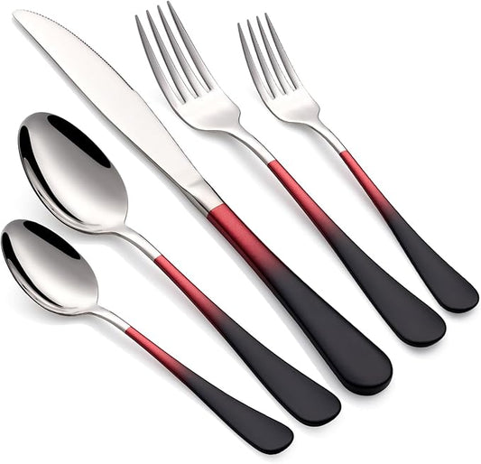 20-Piece Black Red Silverware Set 18/0 Stainless Steel Silverware Set Black Red Handle Cutlery Set Service for 4 Dinner Knives Forks Spoons Set Flatware Set Finish Dishwasher Safe