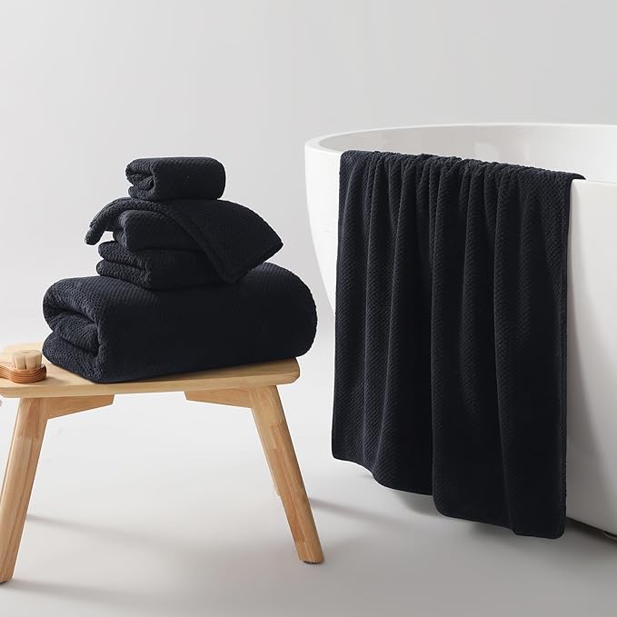 REDKISS 6-Piece Bath Towel Set - 2 Washcloths, 2 Hand Towels, 2 Bath Towels | Ultra-Fiber Coral Fleece, Super Absorbent, No Lint & No Fading | Perfect for Bathroom, Spa, Gym | Family & Adults-Black