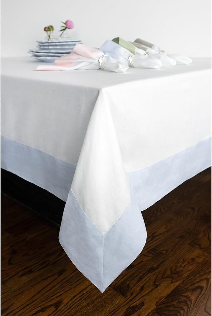 Solino Home Linen Tablecloth 60 x 108 Inch - 100% Pure Linen Light Blue and White Tablecloth for Rectangle Tables - Contempo, Machine Washable Table Cloth for Winter, New Year