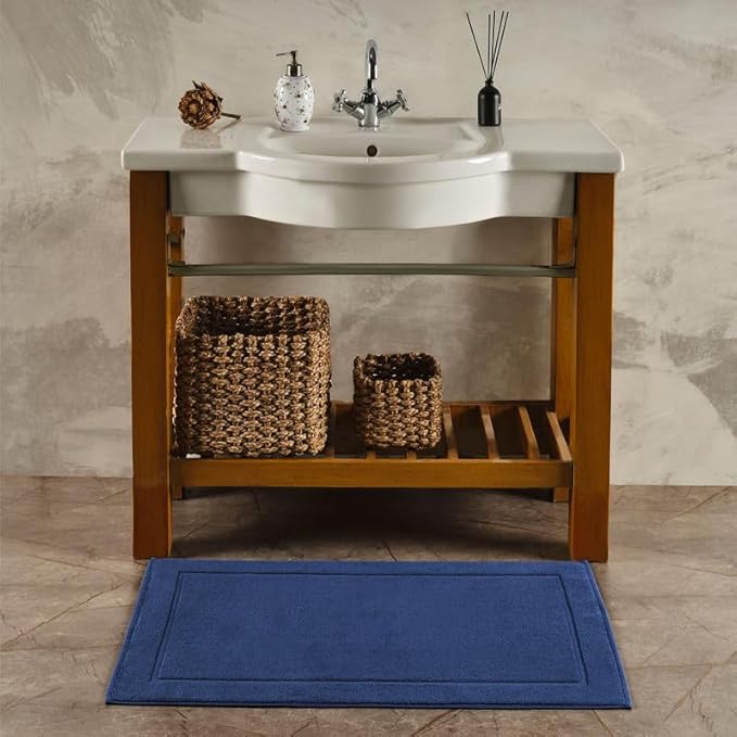Hawmam Linen Royal Blue Bath Mats, 21 x 34 inches, Pack of 2-100% Ring Spun Cotton,[Not a Bathroom Rug] Banded Design, Highly Absorbent, Machine Washable for Bathroom Floor Towel