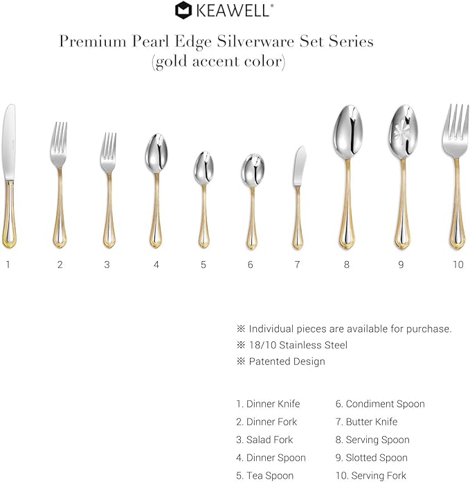 KEAWELL Pearl Edge 4-Piece Premium Fork Set, 18/10 Stainless Steel, Fine Silverware Forks with Mirror Finish and Exquisite Craftsmanship, Gold Accent, Dishwasher Safe (4, 8" Dinner Forks)