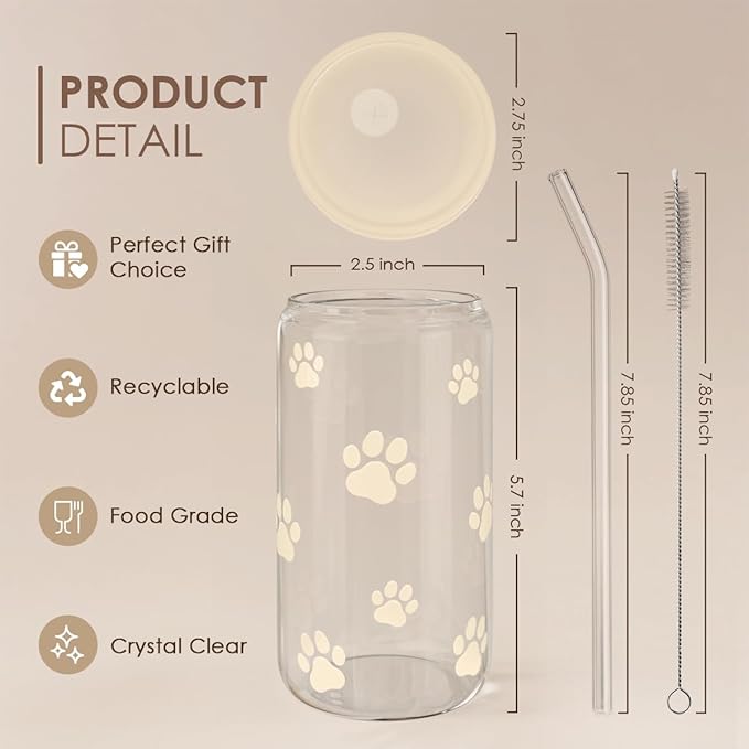 Paw Print 16oz Can Glass Tumbler with Acrylic Lid & Straw - Iced Coffee Cup for Women Cat Dog Mom, Aesthetic Cups Gifts for Birthday Christmas