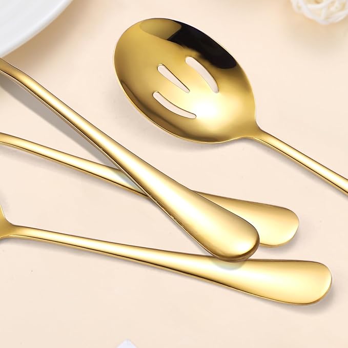 A· HOUSEWARE Gold Kitchen Utensils Serving Set 10 Piece Catering Silverware Stainless Steel Flatware for Buffet Party include Tong Serving Spatula Skimmer Ladles Big Fork Cheese Knife Dessert Spoon