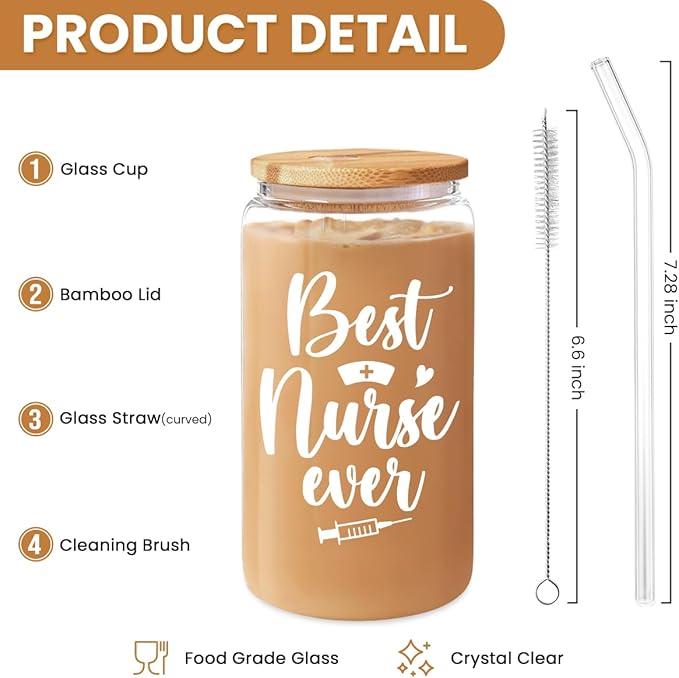 SANDJEST Nurse Cup 16 Oz Glass Can with Bamboo Lid and Straw - Nurse Gifts for Women - Appreciation Nursing Gifts for Female on Birthday