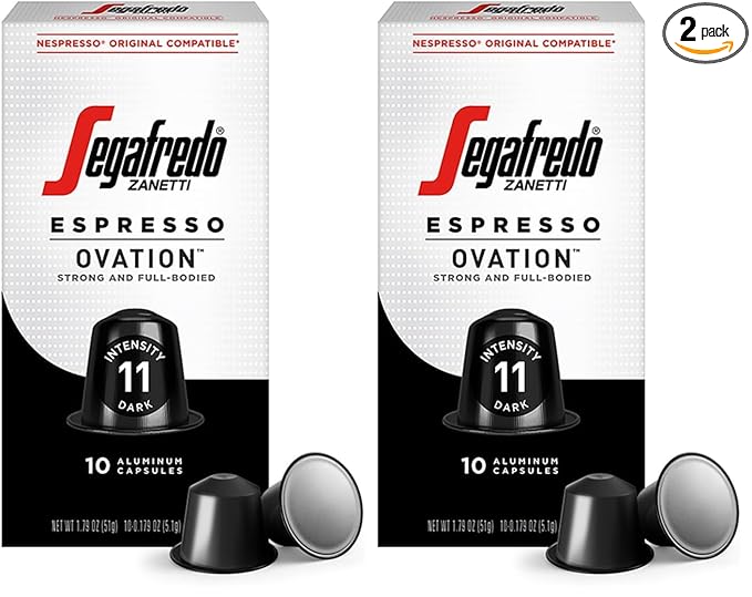 Segafredo Zanetti Espresso Capsules – Aluminum Pods for Nespresso Original Machines – Dark Roast Premium Espresso with a Full-Bodied Aroma – Strong, Intensity 11 – Ovation, 10 Count (Pack of 2)