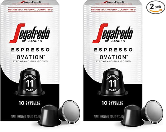 Segafredo Zanetti Espresso Capsules – Aluminum Pods for Nespresso Original Machines – Dark Roast Premium Espresso with a Full-Bodied Aroma – Strong, Intensity 11 – Ovation, 10 Count (Pack of 2)
