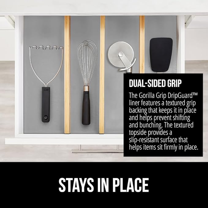 GORILLA GRIP DripGuard Shelf Liner, Non Adhesive Drawer and Kitchen Cabinet Protector, Slip Resistant BPA Free Smooth Surface Plastic Liners for Cabinets, Bathrooms, Closets, 17.5x120 Inch, Light Gray
